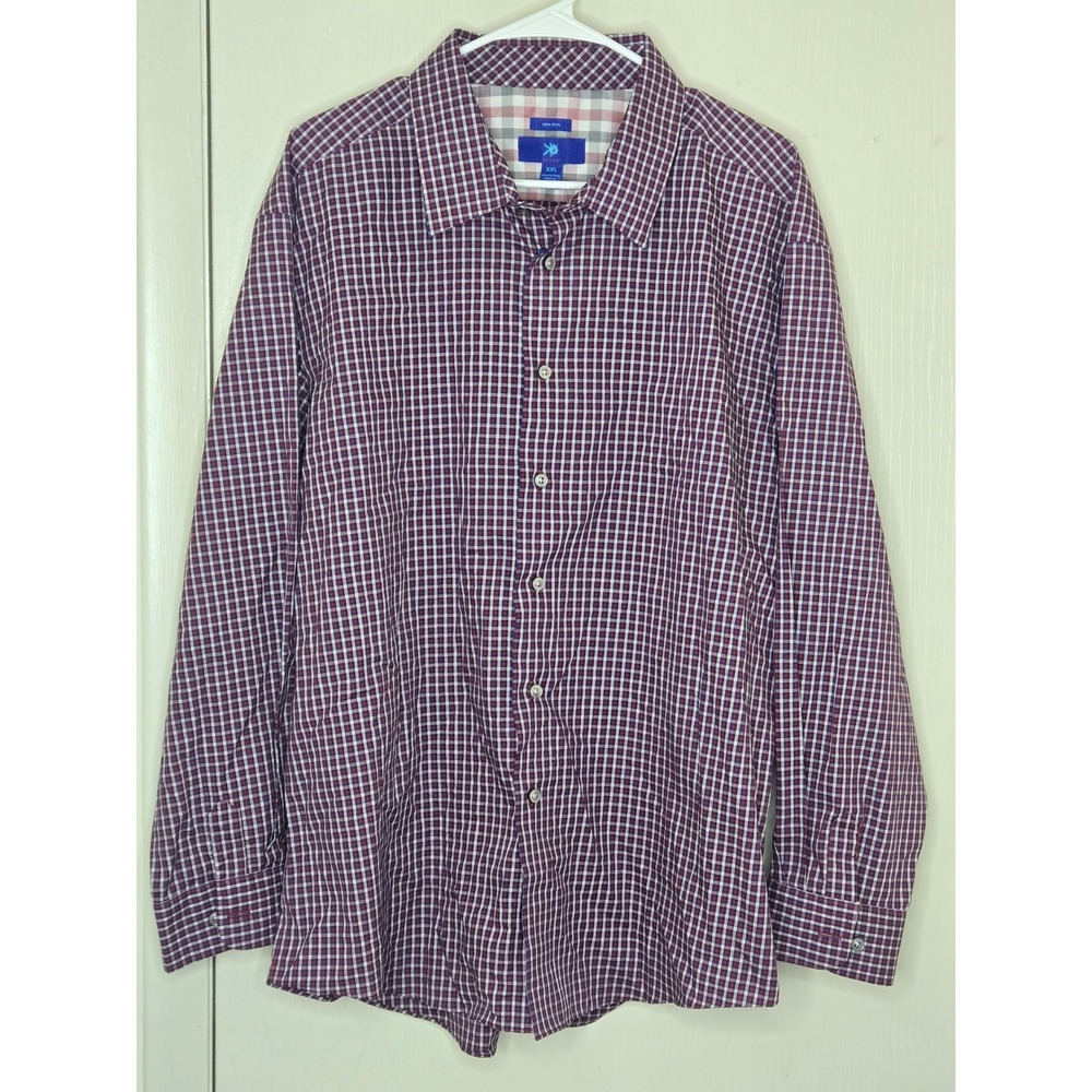 Egara Mens XXL Non-Iron Cotton Long Sleeve Button Down Plaid Shirt Purple Navy